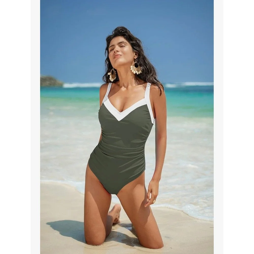 Eagerbuy Ruched One Piece Swimsuit‎ Criss Cross Back V Neck Bathing Suit Olive